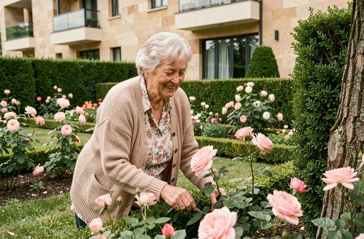 Résidente heureuse soignant les fleurs dans le jardin de la résidence DOMITYS Le Jardin Fleuri à Orléans
