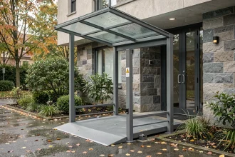 Élévateur PMR extérieur avec auvent de protection contre la pluie installé sur façade de maison en pierre