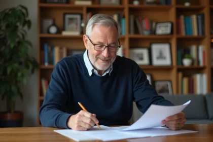 Professeur d'âge moyen examine documents de pension à la maison