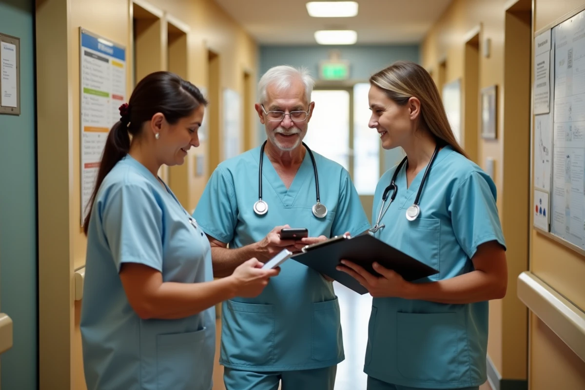 Trois aidants communautaires discutant dans un couloir