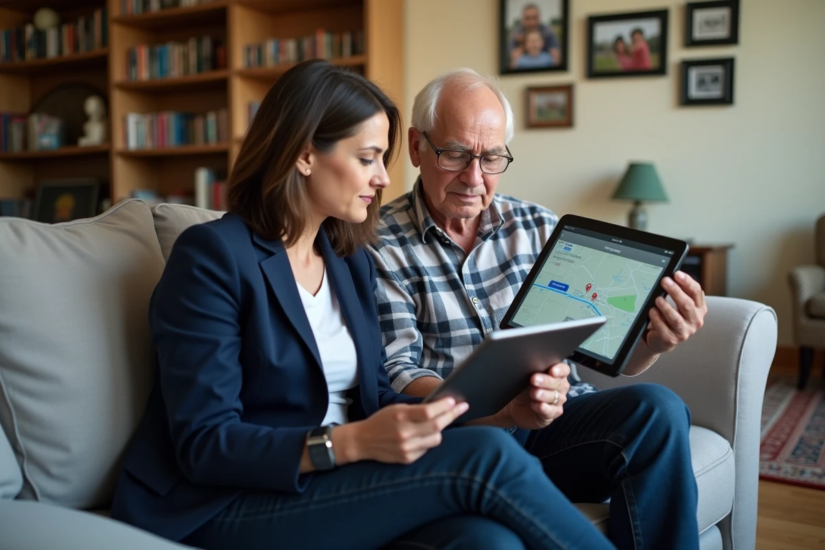 Une fille adulte et son père âgé consultant une application de géolocalisation sur tablette