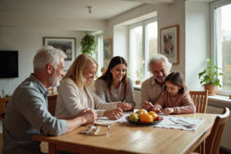 Famille multigenerations réunie autour d'une table lumineuse