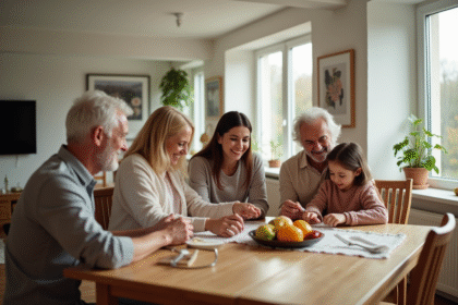 Famille multigenerations réunie autour d'une table lumineuse
