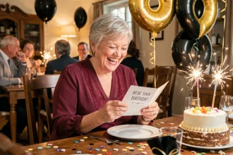 Femme de 60 ans qui rit en lisant une carte d'anniversaire humoristique entourée de ballons et de confettis