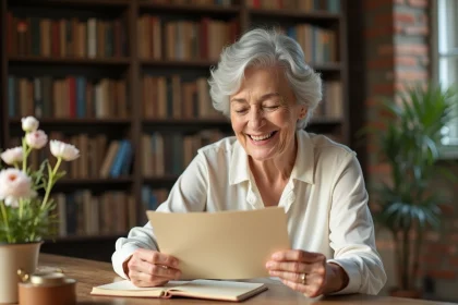 Femme de 70 ans souriante lisant un mot d'anniversaire poétique à table avec journal et fleurs