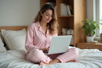 Jeune femme adulte portant un babygros pastel confortable sur son lit, naviguant sur un ordinateur portable