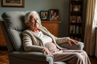 Femme âgée assise dans une chaise confortable en salon lumineux