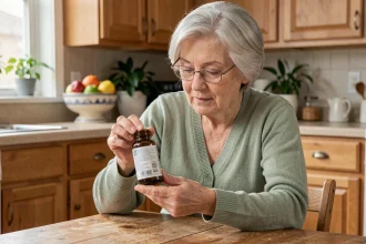 Femme âgée lisant l'étiquette d'un complément alimentaire pour la mémoire dans une cuisine chaleureuse