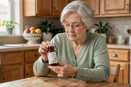Femme âgée lisant l'étiquette d'un complément alimentaire pour la mémoire dans une cuisine chaleureuse