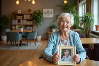 Femme agee souriante tenant une photo de famille dans un salon