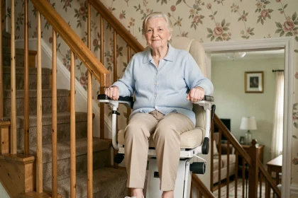 Femme âgée assise sur un monte escalier portable à domicile, tenant les accoudoirs avec sérénité dans un couloir avec escalier en bois