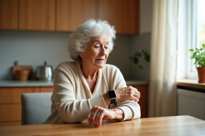 Femme âgée examinant une montre connectée avec géolocalisation à la table de sa cuisine