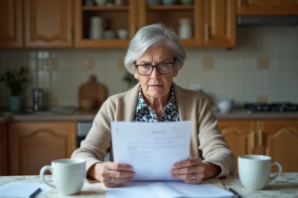 Femme âgée confusément avec documents de pension