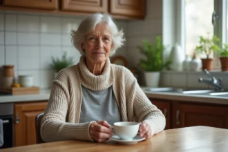 Femme âgée en intérieur tenant une tasse de tisane