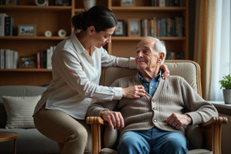 Femme aidant son père âgé dans un salon chaleureux