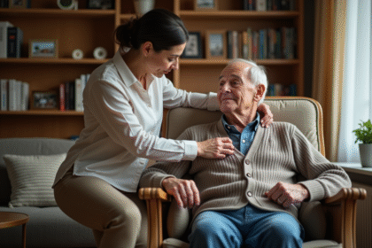 Femme aidant son père âgé dans un salon chaleureux
