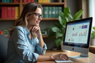 Femme d'âge moyen travaillant sur un ordinateur portable dans un bureau à domicile