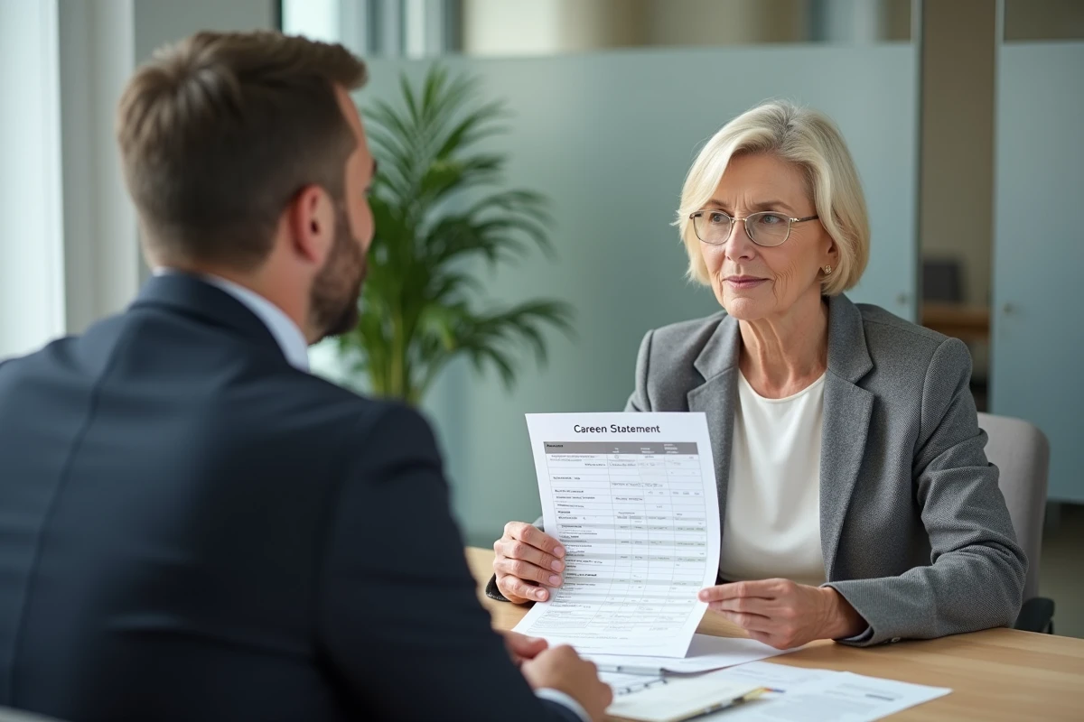 Femme de 62 ans en rendez-vous avec un conseiller retraite pour vérifier ses trimestres cotisés et sa date de départ possible