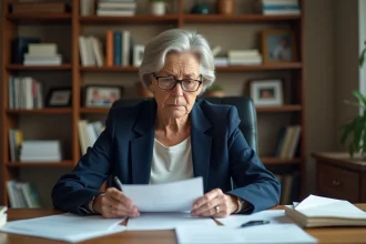 Femme mature examinant des documents administratifs liés à une succession et un trop-perçu d'APA