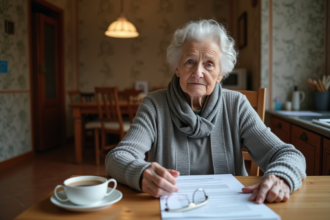 Femme âgée lisant des documents dans sa cuisine