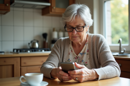 Femme âgée insérant une carte SIM dans un téléphone Doro