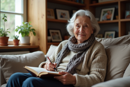 Femme âgée écrivant dans un journal dans un salon lumineux