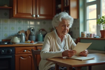 Femme âgée lisant une lettre dans sa cuisine modeste