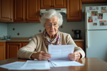 Femme âgée lisant des documents dans sa cuisine chaleureuse