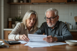 Femme d'âge moyen et son père âgé discutant de papiers funéraires à la maison