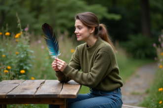 Jeune femme contemplant une plume bleue iridescente dans un jardin