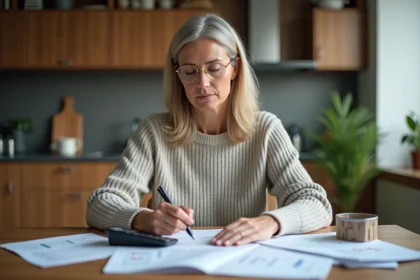 Femme d'âge moyen examinant des documents financiers à la maison