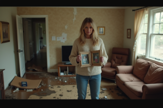 Femme regardant des photos endommagées dans une maison inondée