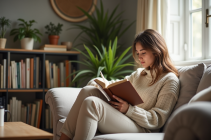 Jeune femme lisant un livre dans un salon lumineux