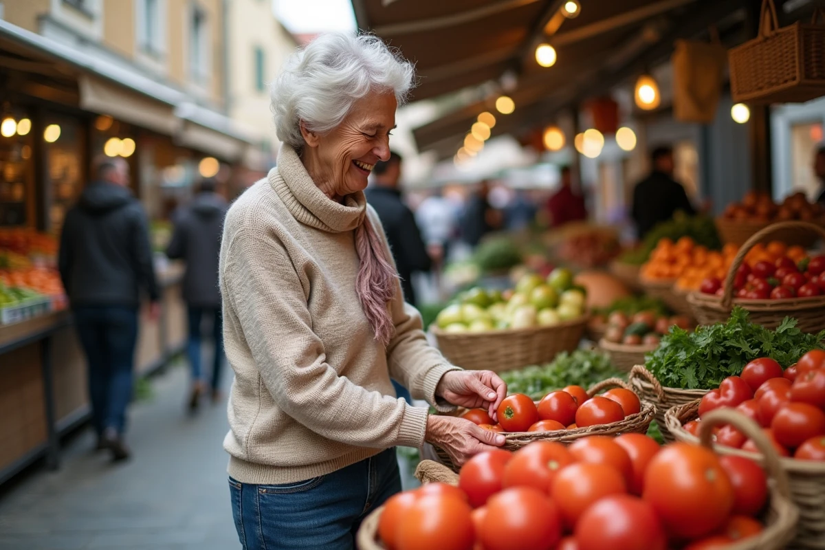 Femme retire souriant achetant des tomates au marché local