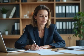 Femme en costume navy dans un bureau moderne