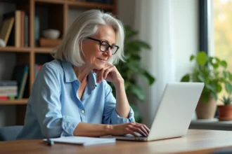 Femme d'une cinquantaine d'années cherchant un partenaire sur son ordinateur