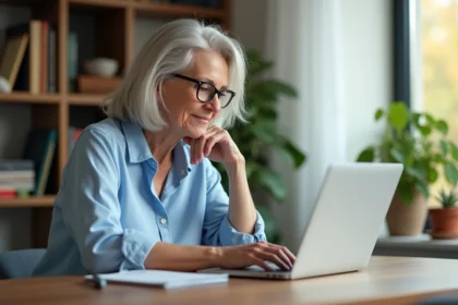 Femme d'une cinquantaine d'années cherchant un partenaire sur son ordinateur