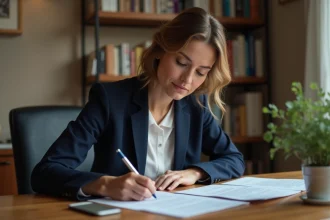Femme rédigeant une lettre de motivation pour un poste en EHPAD à son bureau à domicile
