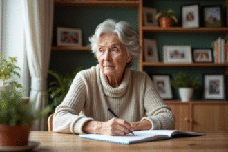 Femme d'âge moyen écrivant dans son journal chez elle