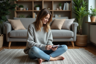 Femme souriante assise dans son salon avec un carnet