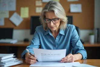 Femme réfléchie en retraite examinant une lettre dans son bureau