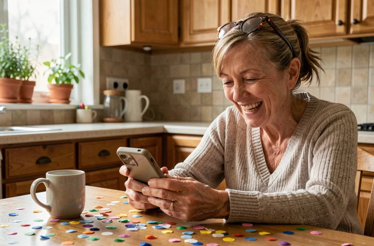 Femme retraitée riante envoyant un message SMS humoristique dans une cuisine chaleureuse