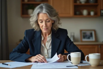 Femme d'âge moyen examine documents fiscaux à la maison