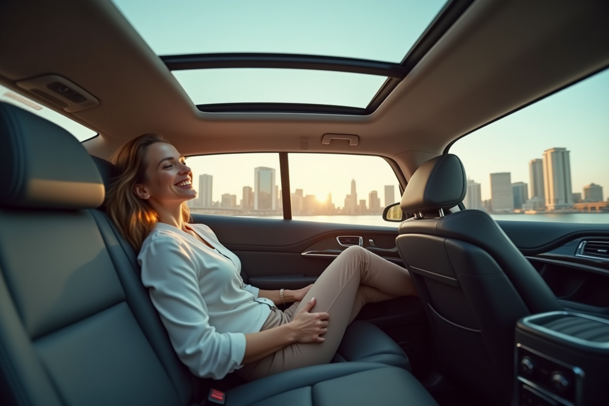 Femme assise confortablement dans un SUV lumineux