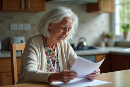 Femme âgée examine brochure de teleassistance à la maison