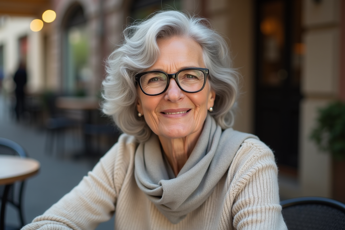 Femme senior élégante assise en terrasse avec lunettes et foulard