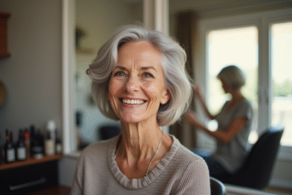 Femme senior souriante dans un salon lumineux et moderne