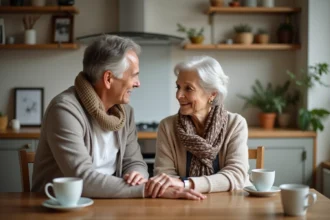 Femme âgée avec son fils dans la cuisine chaleureuse