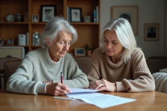 Femme senior et sa fille discutent de documents à la maison