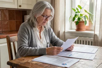 Femme senior consultant ses documents de retraite à la table de cuisine pour optimiser sa pension de base